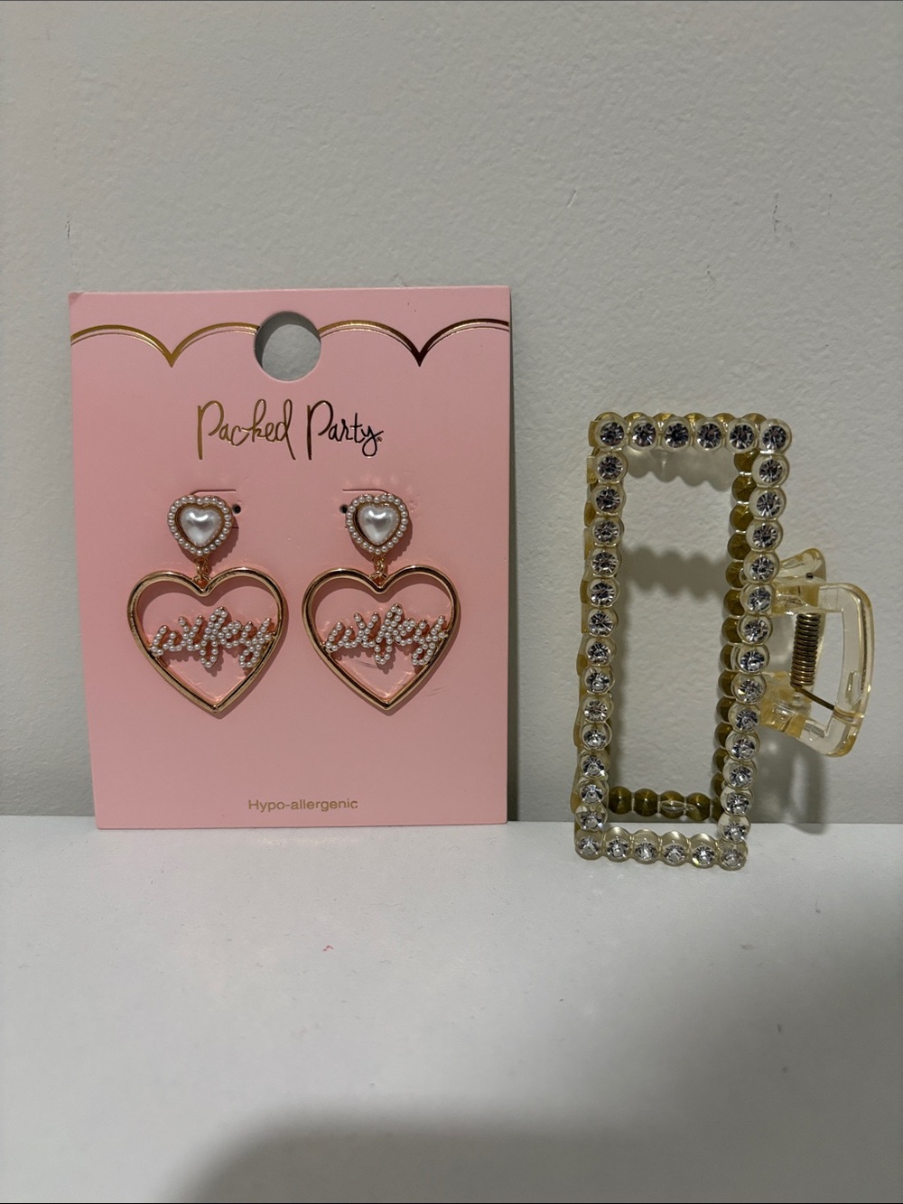 Packed Party Wifey Pearl and Gold Heart Dangle Earrings with Bonus Hair Clip